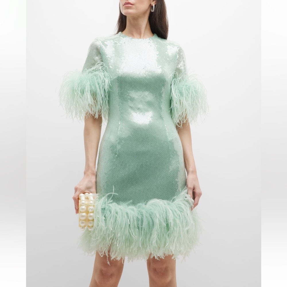 16ARLINGTON Syrma feather trim sequin mini dress.
